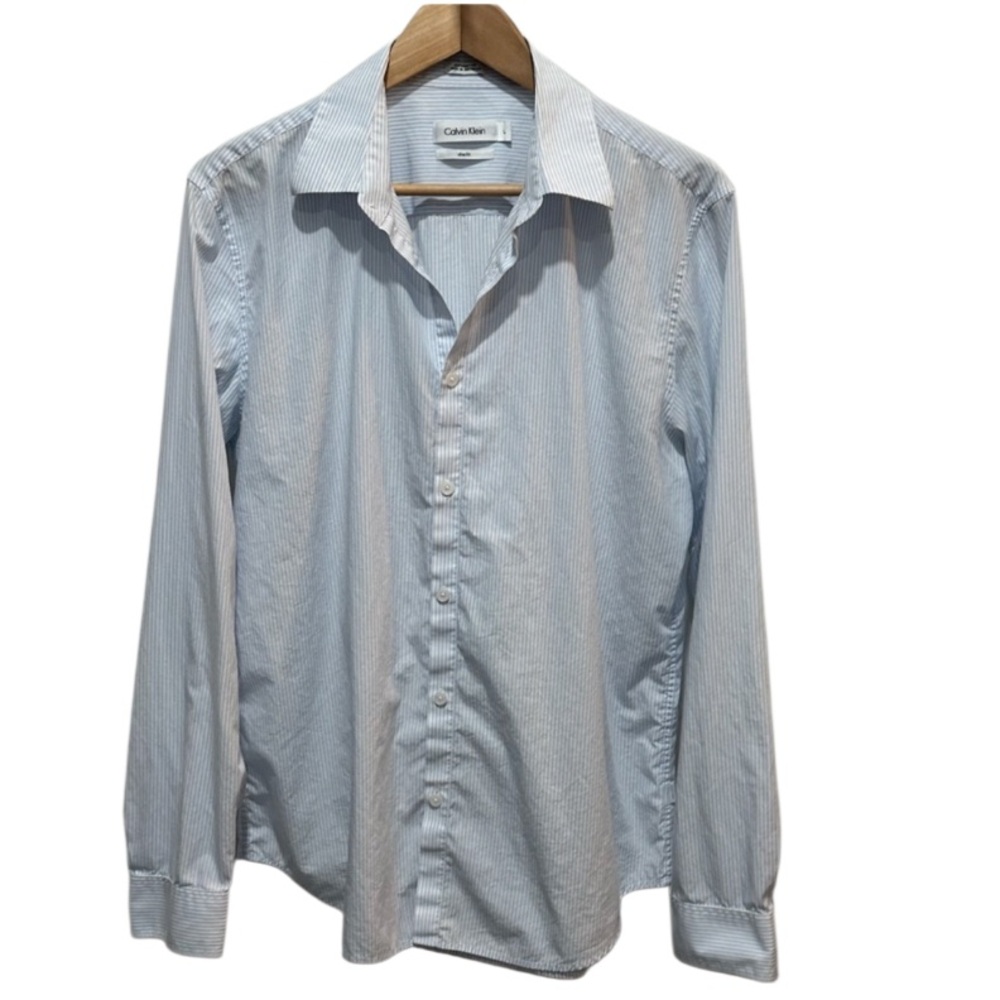 Calvin Klein White and Blue Stripe Cotton Slim Fit Button Down Size Large